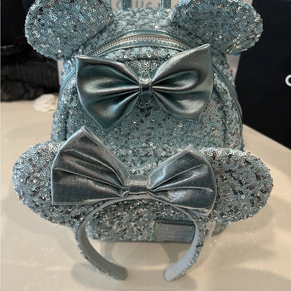 Disney Sequin Mouse Ears Backpack and Headband - Silver Blue - Picture 1 of 10